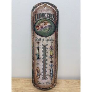 Lunkers Bait & Tackle Tin Thermometer Indoor or Outdoor Fishing Theme Home